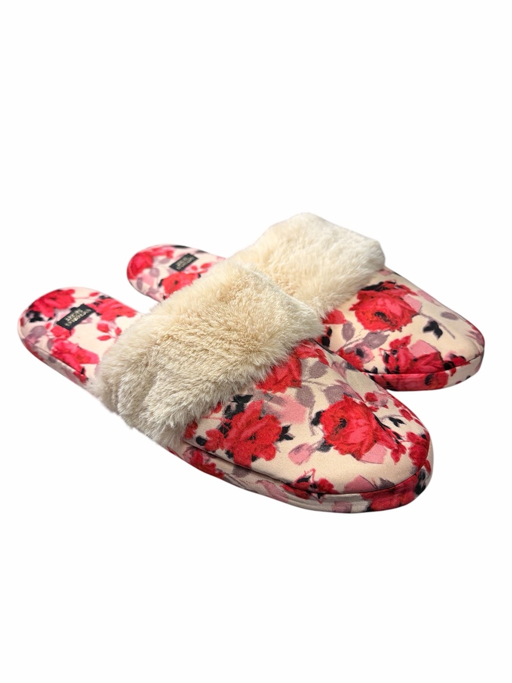 Victoria's Secret Floral Faux-Fur Slide Slippers - Cream & Red